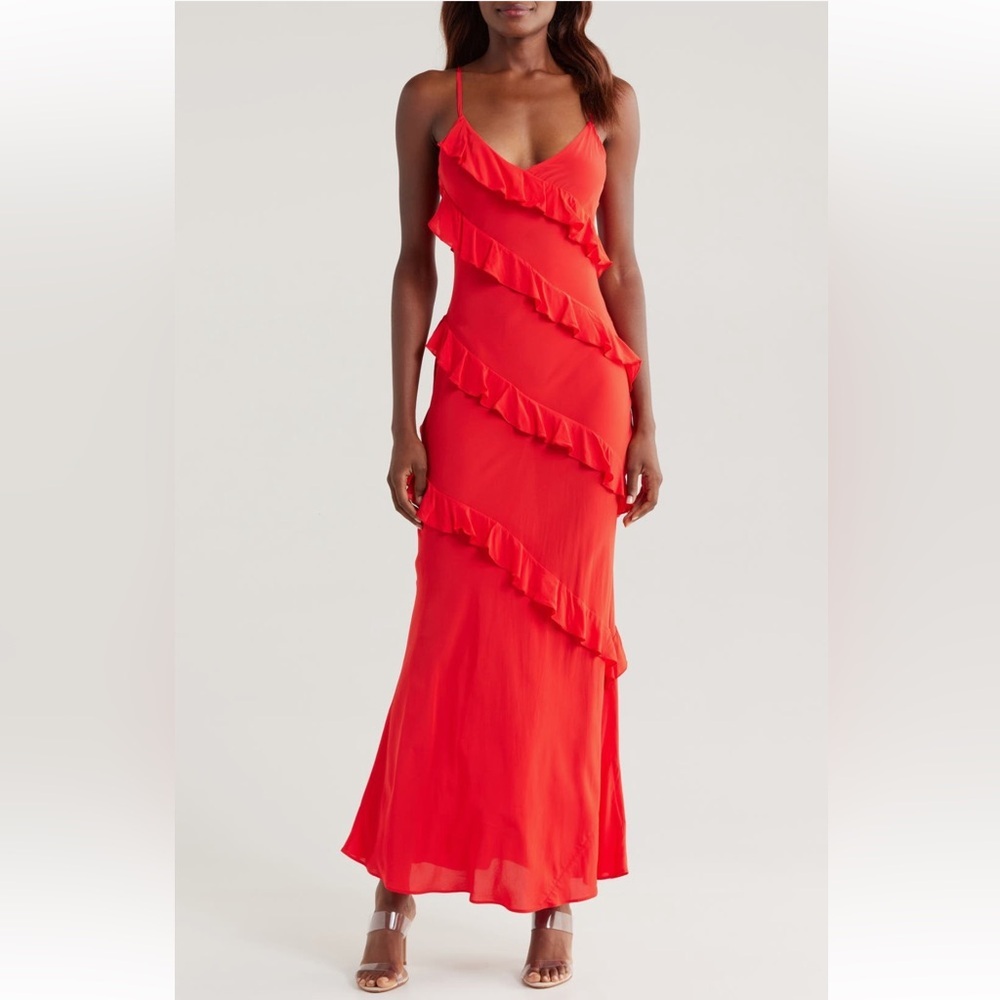 GOOD AMERICAN Bias Cut Ruffle Chiffon Midi Dress